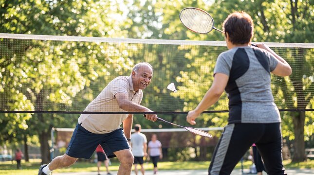senior couple badminton park fitness sport exercise active retirement rackets older partners compete among trees showing connection mobility and healthy aging for leisure and wellness campaigns