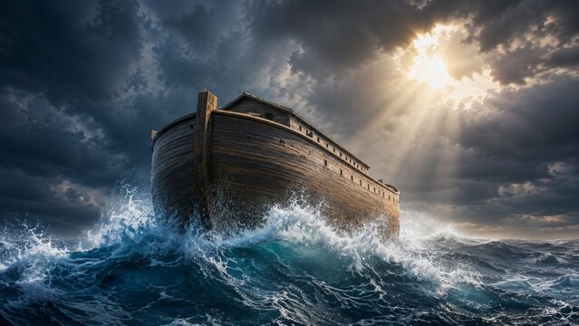 Noah's ark sailing through stormy waters with divine light emerging from dark clouds, symbolizing hope and survival