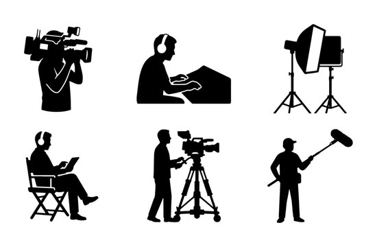 Filmmaking Crew Icons: Cinematographer, Sound Recordist, Lighting Technician, Director, Camera Operator, Boom Mic Holder