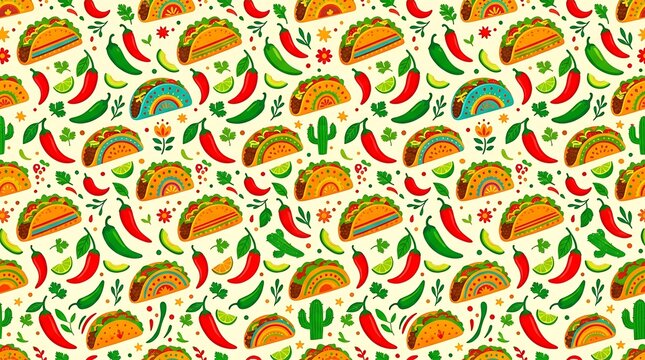 Colorful seamless pattern with mexican tacos and chili peppers