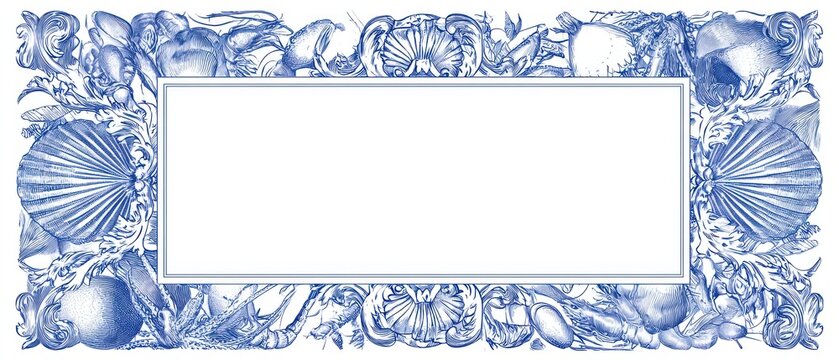 Engraved ornamental frame, intricate illustrations of seafood and nautical patterns, large rectangular blank center, deep blue ink