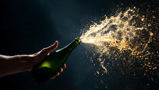 Champagne bottle exploding spray in sports celebration moment