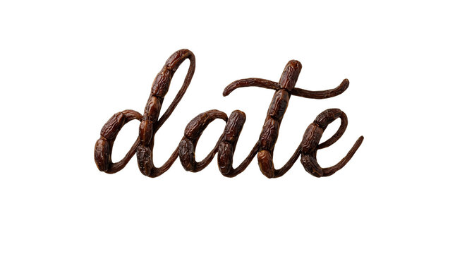 Creative food typography of the word date made from real brown dried date palm fruits isolated on white background
