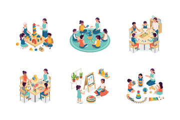 Naklejka premium Isometric illustrations of children s activities in a daycare setting