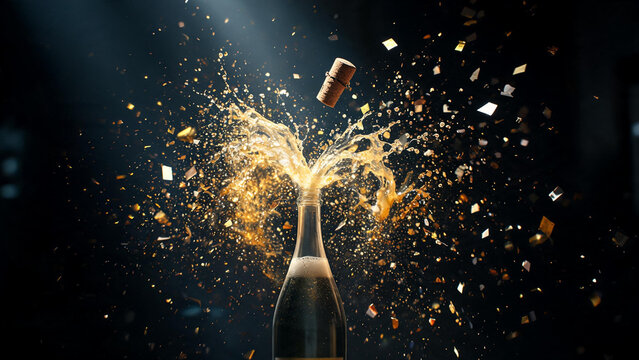 Champagne bottle exploding with golden spray in dark room
