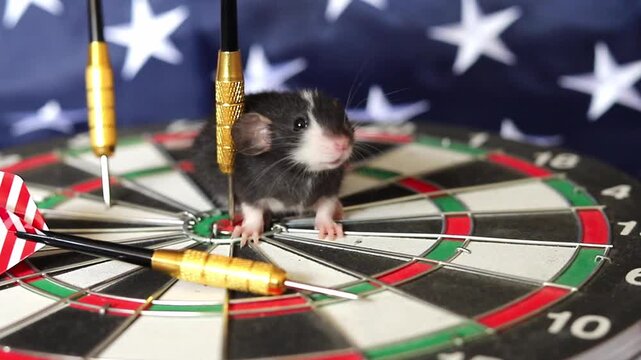 Tiny black and white pet rat stands on a dartboard featuring USA flag colors and patriotic stars to reach its goal in a bright indoor room setting