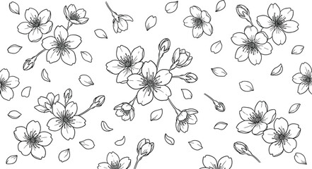 Cherry blossom seamless pattern border vector line art illustration of falling sakura flowers and petals for spring background designs..eps © MdAzahar