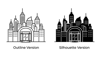 Obraz premium Cityscape Icons: Two graphic representations of a modern city skyline, one in outline and the other in silhouette, showcasing architectural diversity and urban development.
