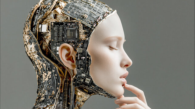 Side profile portrait of a beautiful android woman with an open head revealing microchips and circuit boards instead of a brain. Futuristic concept of AI, cybernetics and human machine fusion 