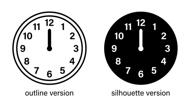 Clock Face Comparison: A clear side-by-side comparison shows an outline version and a silhouette version of a classic analog clock face, both displaying twelve o'clock exactly.
