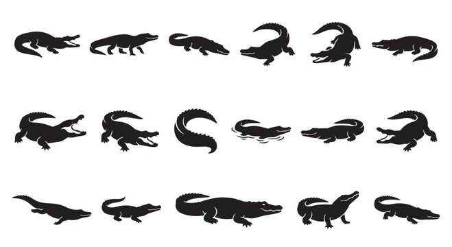 Various poses of crocodile and alligator silhouettes on white background with crocodile alligator silhouette