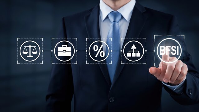 Businessman touching digital banking and financial service industry icons on screen