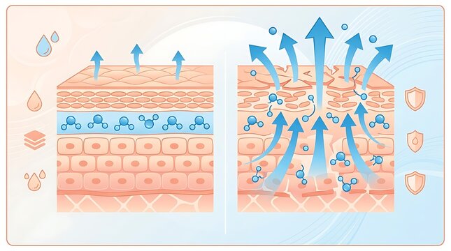 Cross section diagram comparing healthy and dehydrated skin layers