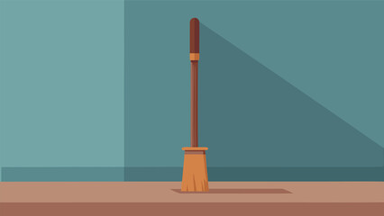 Flat vector illustration of a simple wooden broom standing upright with cleaning housework equipment standing bristles illustration minimalist domestic supplies sweeping housekeeping © shachin