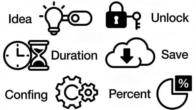 The combination of icon combinations related to parameter configuration represents creative ideas, duration settings, and backend debugging concepts for data statistics.
