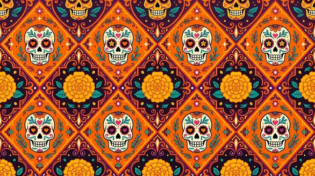 Seamless day of the dead pattern with sugar skulls and marigolds