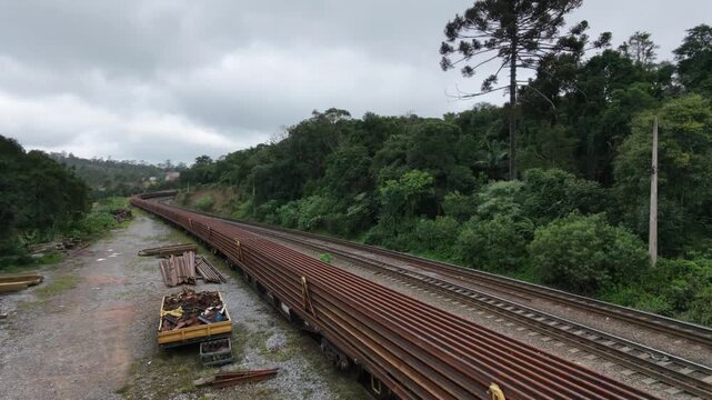 Aerial view of a stopped cargo train