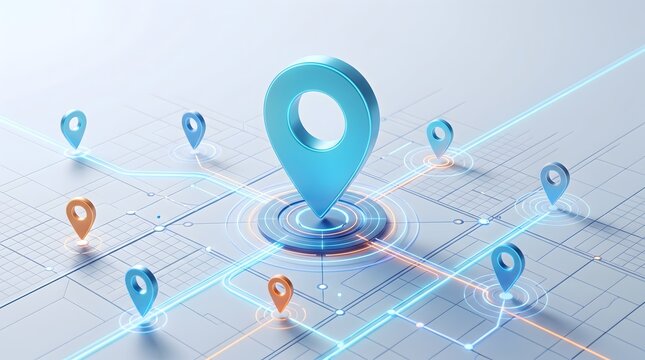Digital map with glowing blue and orange location pins, network of connections