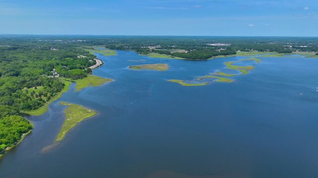 Barrington River aerial view in summer in town of Barrington, Rhode Island RI, USA. 