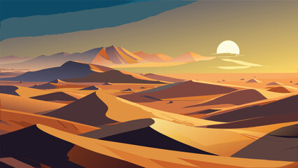 Vast golden desert dunes at sunset under clear sky with golden hour landscape environment adventure sunlight wilderness background tranquility dramatic geography contours undulating © puza