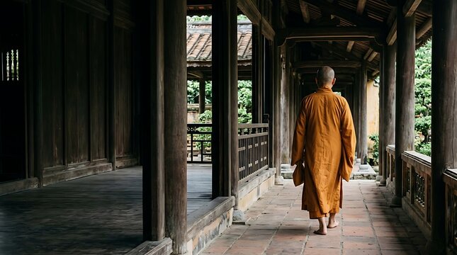 Buddhist monk in orange robe walking through an ancient temple