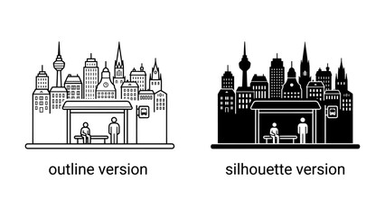 Fototapeta premium Cityscape Bus Stop Silhouette: A stark contrast between two artistic interpretations of a city bus stop scene, one an intricate outline, the other a bold silhouette.