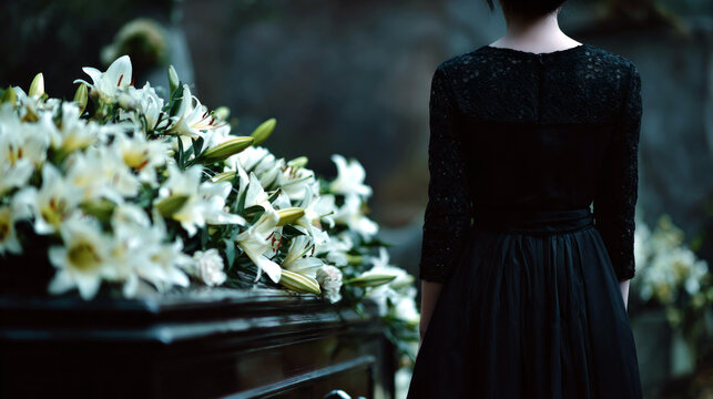 woman in the cemetery mourns at the grave with white lilly flowers