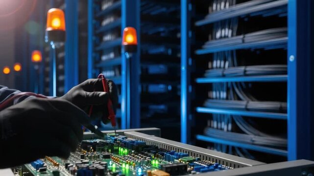 Technician testing an electronic circuit board with a multimeter. Close-up of an engineer performing diagnostics and repair. Technology maintenance and quality control concept