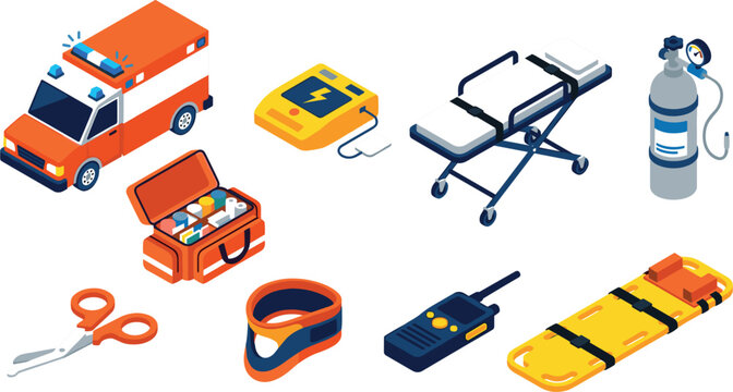 Isometric Emergency Medical Equipment Vector Icon Set Featuring Ambulance Car, Defibrillator, Stretcher, First Aid Kit Bag, and Paramedic Rescue Tools