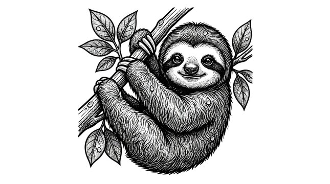 Sloth hanging from a branch smiling.