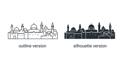 Jerusalem Cityscape: A striking representation of the historic city of Jerusalem, presented in both a detailed outline and a solid silhouette. © sifat