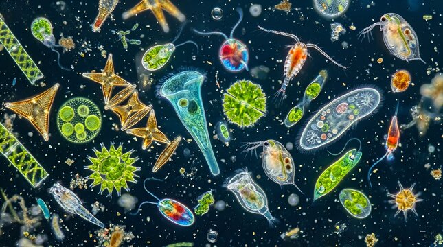 Diverse Plankton and Microorganisms in Deep-Sea Microscope View
Colorful Single-Celled Organisms Floating in Dark Blue Background
Microscopic Marine Life: Algae, Diatoms, and Copepods