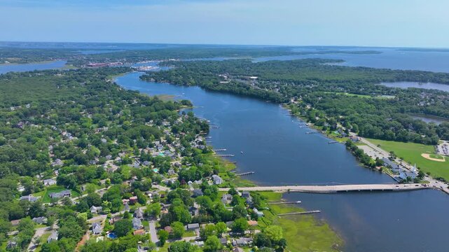 Barrington River aerial view in summer in town of Barrington, Rhode Island RI, USA. 