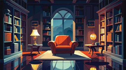 Cozy home library interior with comfortable armchair and bookshelves armchair bookshelf interior furniture knowledge education literature intellectual architecture lifestyle peaceful © shachin
