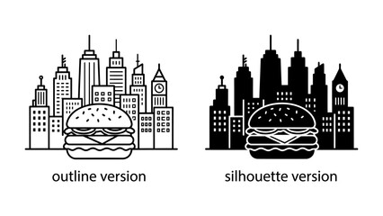 Obraz premium Burger Skyline Icon: Two stylized representations of a city skyline with a prominent hamburger in the foreground, presented in both outline and silhouette versions, symbolizing urban food culture.