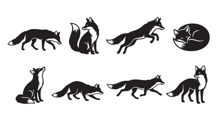 Obraz premium Collection of black fox silhouettes showcasing multiple postures and animal movements with silhouette