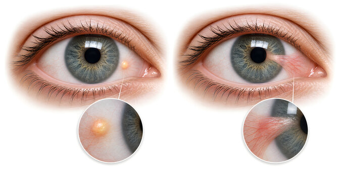 Pinguecula and pterygium eye condition comparison illustration