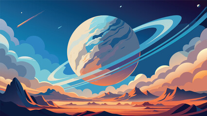 Illustration of a ringed planet in a alien landscape with clouds and stars science fiction astronomy universe landscape exoplanet exploration atmosphere mountain twilight planetoid colorful © shachin