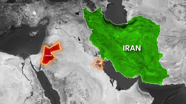Animated map highlighting Iran, Jordan, and Kuwait motion graphics