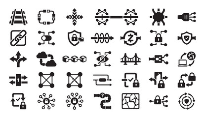 Fototapeta premium Set of black icons representing complex network and connectivity solutions