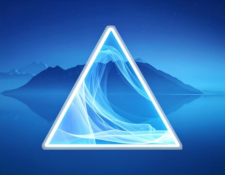 A glowing triangle frames ethereal blue waves against a mountain and water scene