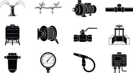 Irrigation and water management silhouettes including sprinklers, pumps, tanks, valves, filters, gauges, controllers, hoses, and distribution equipment © Artist RH