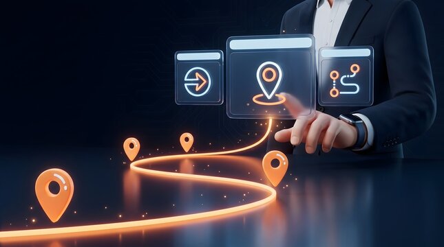 Business executive plans digital route with interactive map pins and glowing path