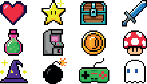 Retro Pixel Art Video Game Icon Set with Heart Star Treasure Chest Sword Potion Arcade Coin Mushroom Bomb Controller and Ghost Vector Asset