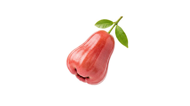 Delicious Fresh Red Rose Apple with Green Leaves Isolated on White Background Healthy Organic Tropical Fruit Jambu