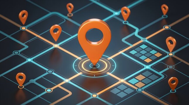 Digital map with orange location pins and glowing blue and orange data lines