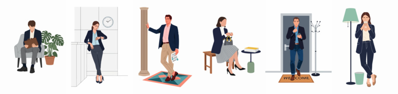 Flat illustration of diverse professional men and women in various office and lobby settings, waiting for appointments, arriving, and checking the time.