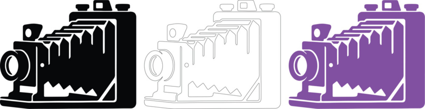 Retro folding camera vector set in black outline and purple silhouette