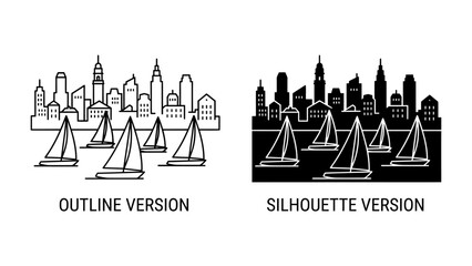 Sailboat Fleet in City Skyline: A striking illustration presents a fleet of sailboats against the backdrop of a modern city skyline. © nila