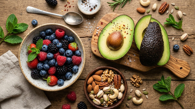 Healthy Breakfast Bowl and Avocado with Nuts and Berries - Overhead View